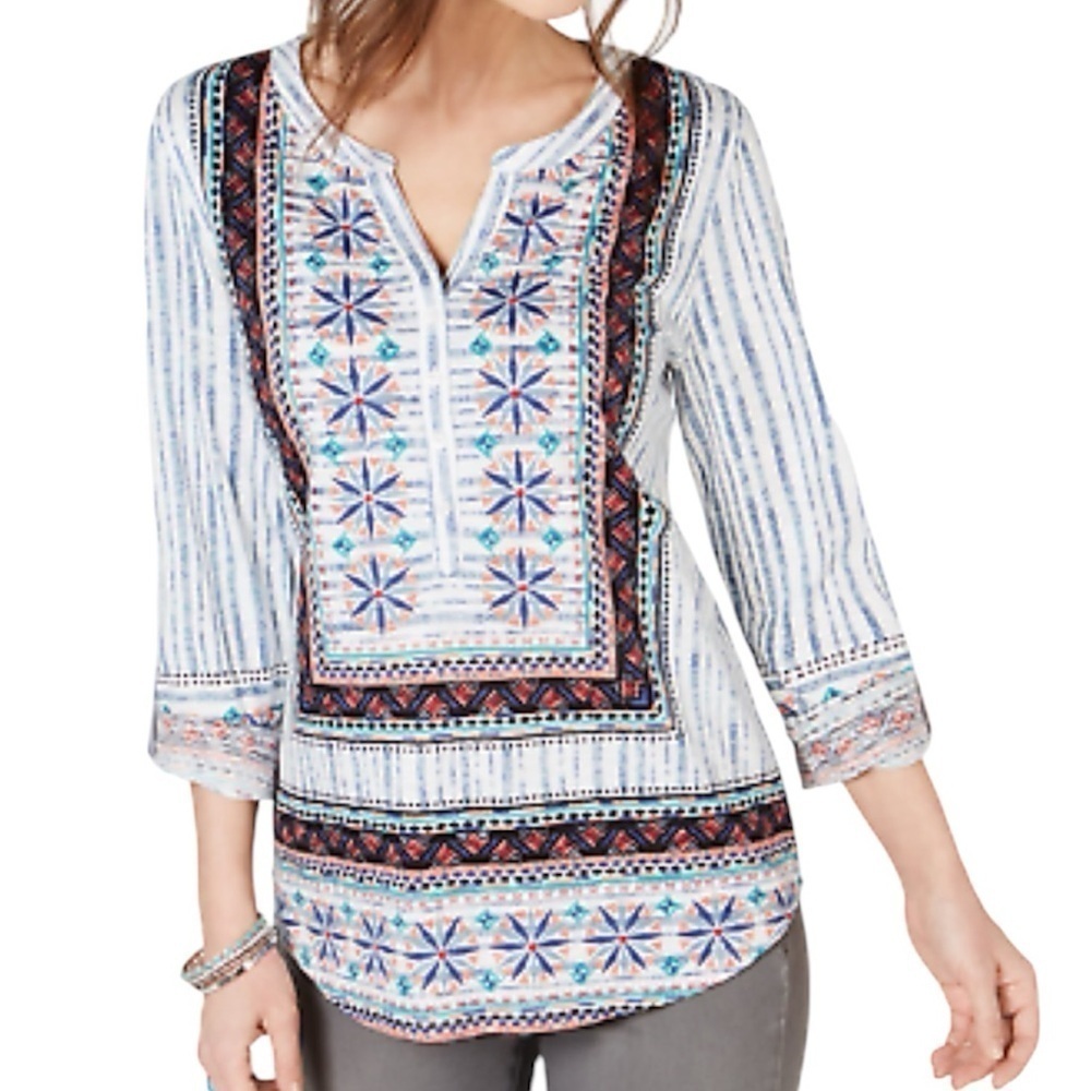 Style & Co Boho Peasant Blouse 0X Split Neck 3/4 Sleeve Cotton Blend Relaxed